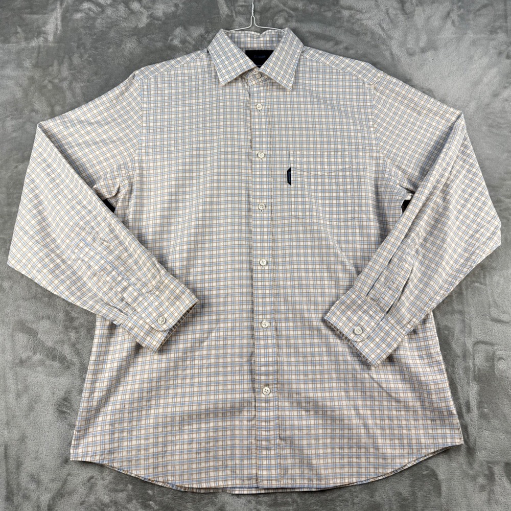 Faconnable Button Down Mens L Trend Blue Tan Plaid Long Sleeve EUC